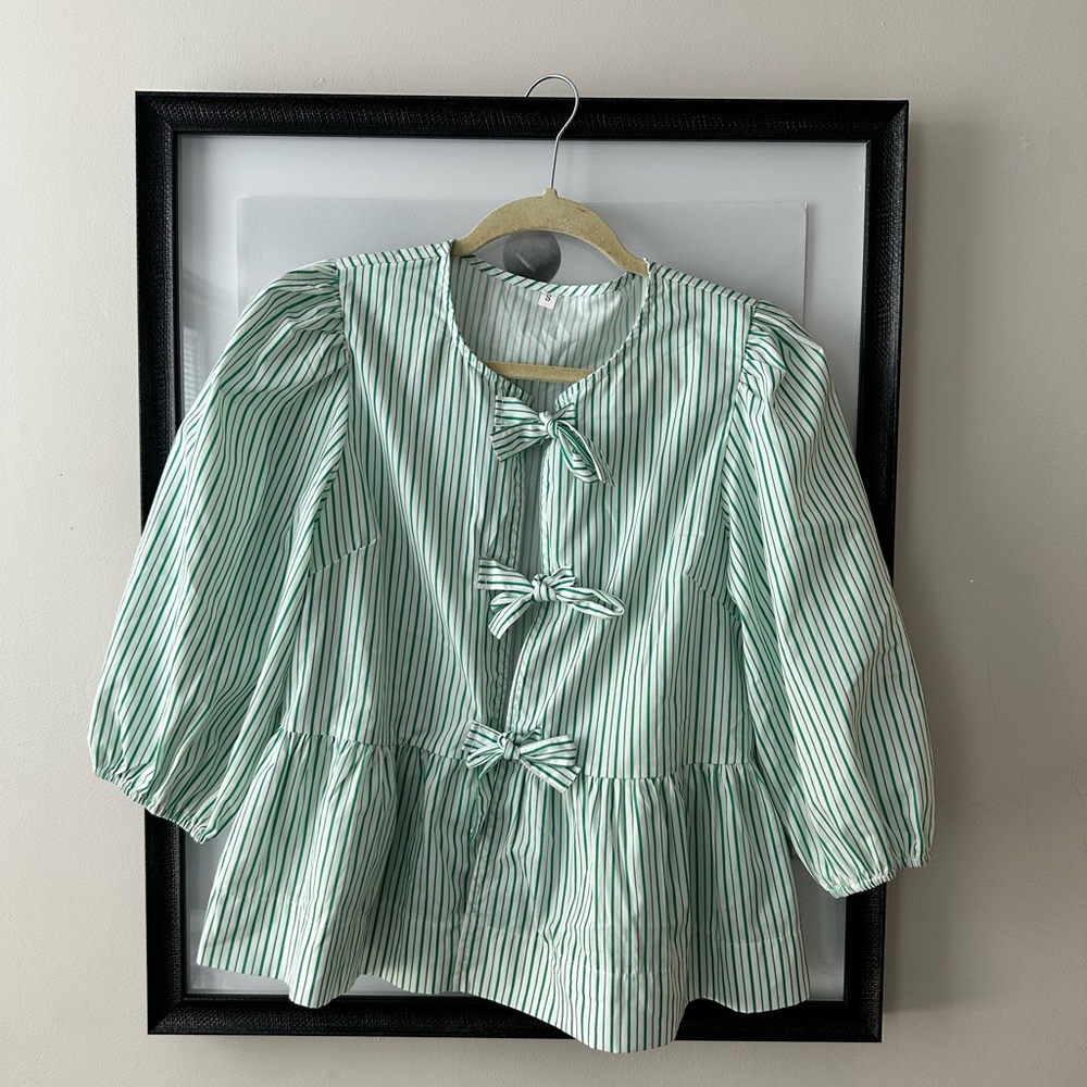 Green Striped Blouse with Bows